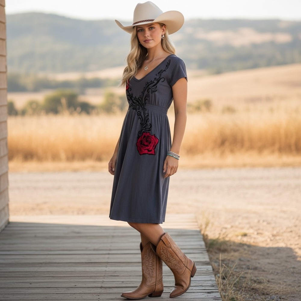 Rock and Roll Cowgirl S/M Dress Roses Wings Embroidered Westerm Rockabilly Boho